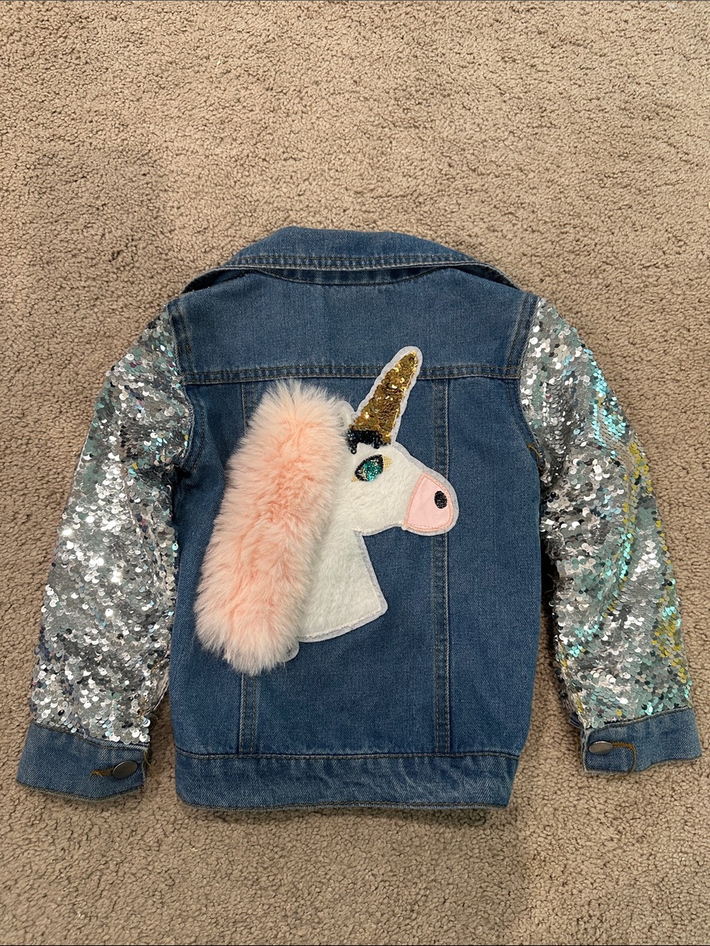 Girls' Denim Unicorn Jacket with Pink Faux Fur Mane and Sequin Sleeves